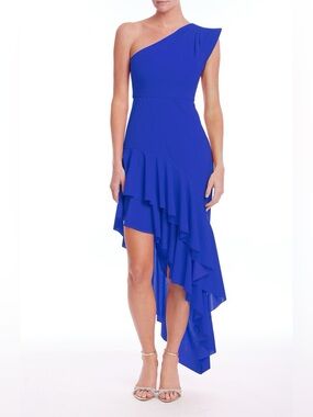 Badgley Mischka One-Shoulder Electric Blue Asymmetric Ruffle Dress